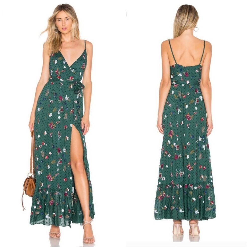 Tularosa Anthropologie Aubrie Sequin Embroidered Wrap Maxi Dress Green $240 Med